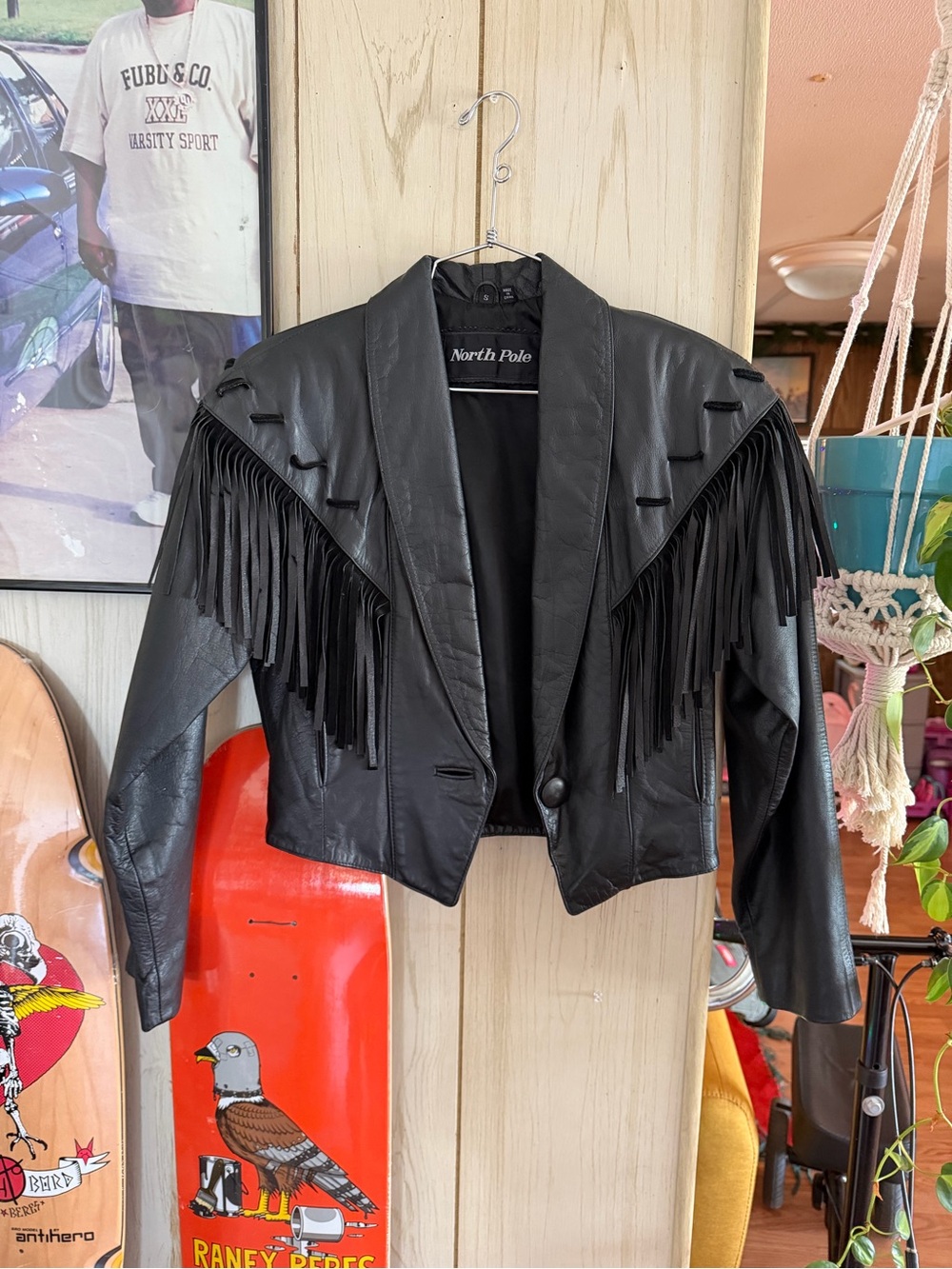 North Pole 80s cropped Black Fringe Leather Jacket womens small